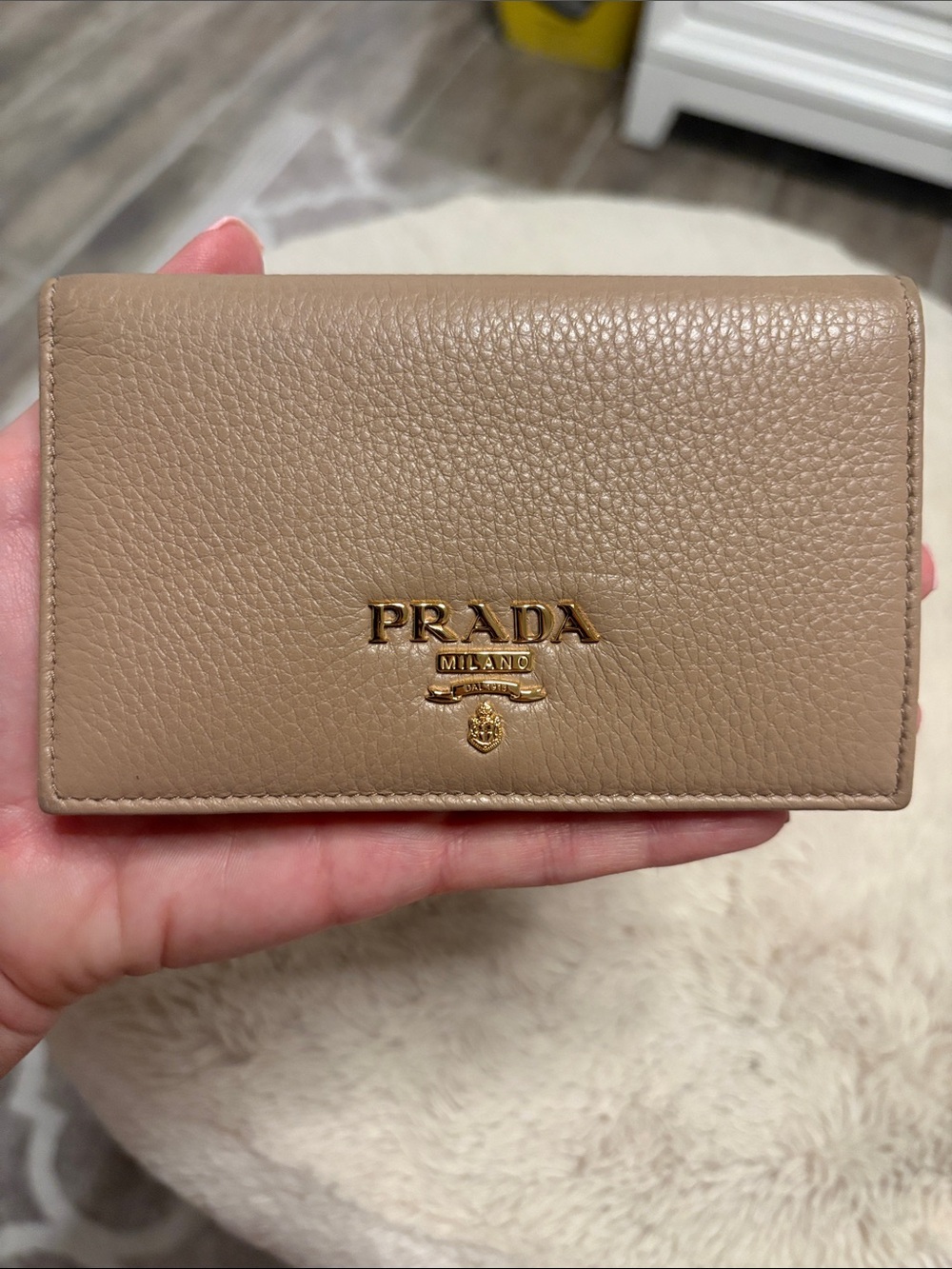 Prada Taupe Pebbled Leather Card Case with Gold Logo